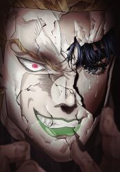  1boy absurdres black_nails blonde_hair blue_eyes blue_hair clenched_teeth cracked_kawaii_mask cracked_mask crying crying_with_eyes_open dio_brando fang fingernails green_lips highres hwima_0404 jojo_no_kimyou_na_bouken jonathan_joestar male_focus parted_lips phantom_blood red_eyes sharp_fingernails solo sparkle stardust_crusaders tears teeth 