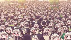  6+girls all_fours arms_up artist_request bench blonde_hair blush_stickers chibi clone coif commentary crying crying_with_eyes_open dent head_bump highres kneeling long_hair multiple_girls nun outdoors park park_bench speaki_(trickcal) tearing_up tears thigh-highs too_many tree trickcal very_long_hair white_thighhighs 