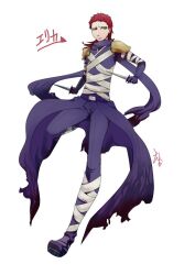  1boy armor assassin_(ragnarok_online) bandages bandages_over_clothes cape closed_mouth commentary_request dagger dual_wielding flowery_peko full_body gloves green_eyes holding holding_dagger holding_knife holding_weapon knife long_sleeves looking_at_viewer male_focus medium_hair mullet pants pauldrons purple_cape purple_gloves purple_pants purple_shirt ragnarok_online red_hair shirt short_bangs shoulder_armor simple_background solo standing standing_on_one_leg waist_cape weapon white_background 