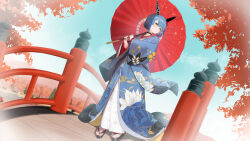  +_+ 1girl architecture azur_lane blue_hair blue_kimono blue_sky bridge commentary_request day east_asian_architecture floral_print gascogne_(azur_lane) gascogne_(traveling_mood_mechanism)_(azur_lane) highres holding holding_umbrella japanese_clothes kimono maple_tree mechanical_ears oil-paper_umbrella oregano_(olgn_eao) outdoors print_kimono sandals short_hair sky solo tabi tree umbrella yellow_eyes 