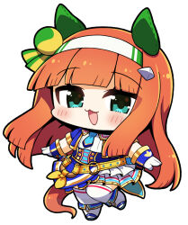  1girl :3 :d animal_ears blue_jacket blue_necktie blunt_bangs blush boots chibi chibi_only commentary_request ear_covers full_body gloves green_eyes hairband horse_ears horse_girl horse_tail jacket long_hair looking_at_viewer marimarimo necktie open_clothes open_jacket open_mouth orange_hair pleated_skirt shirt short_sleeves signature silence_suzuka_(umamusume) simple_background skirt smile solo standing standing_on_one_leg tail thigh-highs umamusume very_long_hair white_background white_boots white_gloves white_hairband white_shirt white_skirt white_thighhighs 