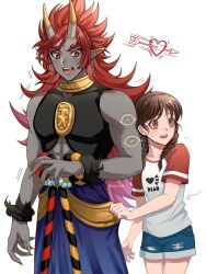  1boy 1girl :o abs amano_natsume bare_arms black_shirt blue_shorts blush braid broad_shoulders brown_eyes brown_hair colored_skin commentary_request covered_collarbone denim denim_shorts ear_cuffs eye_tattoo facial_mark fingernails forehead_mark grey_skin height_difference hetero highres horn_cover horns jewelry long_fingernails long_hair looking_to_the_side mark_under_both_eyes monster_boy multicolored_sash open_mouth pointy_ears print_shirt raglan_sleeves red_eyes red_hair red_sleeves rope_belt shirt short_shorts shorts shutendouji_(shadowside) side-by-side sideways_glance simple_background skin-covered_horns sleeveless sleeveless_shirt t-shirt tattoo teeth toned toned_male twin_braids upper_teeth_only very_long_hair white_background white_shirt yagne_yokai yellow_nails youkai_(youkai_watch) youkai_watch youkai_watch_shadowside 