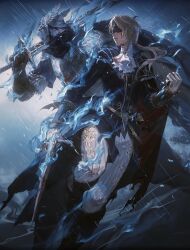  1boy 1girl armor ascot asymmetrical_bangs black_cape blindfold_mask blonde_hair blood blood_on_face blue_surcoat boots cape commentary cropped_legs dagger duchess_(elden_ring) elden_ring elden_ring_nightreign english_commentary gloves helmet highres holding holding_dagger holding_knife holding_pocket_watch holding_sword holding_weapon knife leg_up leggings low_ponytail mask outdoors over_shoulder pocket_watch ponytail rain ramiica404 scale_armor stopwatch sword sword_over_shoulder watch weapon weapon_over_shoulder white_ascot white_gloves white_leggings winged_helmet wylder_(elden_ring) 