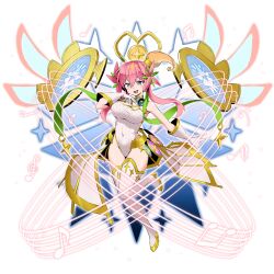 1girl absurdres bass_clef beamed_sixteenth_notes bell blonde_hair blue_eyes boots breasts commentary_request covered_navel duel_masters eighth_note flower glowing glowing_wings gold_trim green_hair_ornament hair_between_eyes hair_flower hair_ornament half_note high_ponytail highres leotard multicolored_eyes multicolored_hair musical_note musical_staff neck_bell open_mouth orange_hair pink_eyes pink_hair ponytail quarter_note rafululu_love_(duel_masters) sixteenth_note solo teeth thigh_boots tomiyama_mishiro twintails upper_teeth_only white_background white_leotard wings