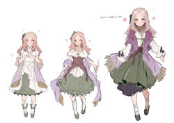  1girl :d :o blush breasts brown_hair brown_sweater collarbone dress flower-shaped_pupils forehead fringe_trim green_shoes green_skirt hands_up highres ikeuchi_tanuma jacket long_hair long_sleeves medium_breasts multiple_views ophelia_(ikeuchi_tanuma) original own_hands_together parted_bangs puffy_long_sleeves puffy_sleeves red_eyes ribbed_sweater shawl shoes simple_background sketch skirt sleeves_past_wrists smile socks sweater symbol-shaped_pupils turtleneck turtleneck_sweater white_background white_dress white_jacket white_socks 