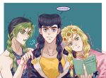  ... 1girl 2boys :t alternate_hairstyle anne_of_green_gables black_hair blonde_hair blue_eyes book braid breath commentary diamond_wa_kudakenai flower gakuran giorno_giovanna green_eyes green_hair green_lips higashikata_josuke highres jojo_no_kimyou_na_bouken kujo_jolyne ladybug_ornament long_hair multicolored_hair multiple_boys pout reading school_uniform spider_lily spoken_ellipsis stone_ocean symbol-only_commentary tearing_up trembling twin_braids two-tone_hair vento_aureo wing_ornament zhoujo51 