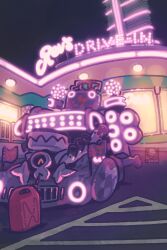  car container diner drinking drinking_gasoline exhaust_pipe gas gas_can highres motor_vehicle neon_lights neon_sign night no_humans outdoors parking_lot petite_echorizon pokemon pokemon_(creature) revavroom 