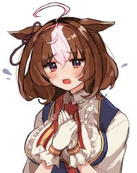  1girl @_@ ahoge animal_ears between_breasts breasts brown_hair commentary_request ear_ribbon flying_sweatdrops gloves hair_between_eyes hairband hands_on_own_chest horse_ears horse_girl looking_at_viewer manjuu_kowai_(pixiv_29151059) medium_hair meisho_doto_(turbulent_blue)_(umamusume) meisho_doto_(umamusume) multicolored_hair pink_hairband simple_background solo strap_between_breasts tearing_up two-tone_hair umamusume upper_body violet_eyes white_background white_gloves white_hair 