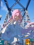 1girl alternate_costume bag blue_eyes blue_sky chinese_text closed_jacket clouds day elysia_(honkai_impact) english_commentary hair_between_eyes highres holding holding_bag honkai_(series) honkai_impact_3rd jacket long_hair looking_at_viewer mriya_k pink_hair pocket pointy_ears road_sign sign skirt sky smile solo standing white_jacket