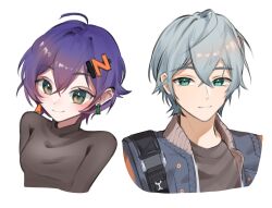  1boy 1girl ahoge belle_(zenless_zone_zero) black_shirt blue_eyes blue_hair blue_jacket breasts brother_and_sister closed_mouth commentary crossed_bangs earclip earrings english_commentary green_eyes grey_hair gyerangppan hair_ornament highres jacket jewelry letter_hair_ornament looking_at_viewer medium_breasts shirt short_hair siblings simple_background smile upper_body white_background wise_(zenless_zone_zero) zenless_zone_zero 