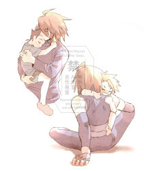  belt brown_hair closed_eyes dovepopopo elbow_gloves fingerless_gloves gloves hair_between_eyes highres holding hug kratos_aurion leggings lloyd_irving medium_hair multiple_belts multiple_views on_floor purple_belt purple_gloves purple_leggings purple_shirt red_hair shirt simple_background sitting sleeping sleeveless sleeveless_shirt spoilers tales_of_(series) tales_of_symphonia white_background 