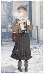  1girl arknights bag black_pantyhose black_skirt blush boots breath brown_boots brown_eyes brown_hair brown_hat brown_jacket closed_mouth corrupted_twitter_file cup disposable_coffee_cup disposable_cup drinking_glass fringe_trim grey_scarf hat highres holding holding_cup jacket long_hair long_sleeves looking_at_viewer muelsyse_(arknights) muxuan newsboy_cap open_clothes open_jacket outdoors pantyhose pointy_ears puffy_long_sleeves puffy_sleeves scarf shoulder_bag skirt snow snowing solo sweater_vest twitter_username 