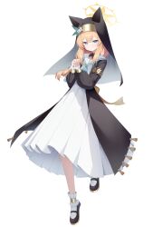  1girl absurdres animal_ear_headwear aqua_eyes armlet black_coat black_shoes black_veil blonde_hair blue_archive blue_neckerchief chcc331899 closed_mouth coat coif commentary_request double-parted_bangs dress flower frilled_sleeves frills full_body gold_armlet halo hat hat_flower hat_ornament highres interlocked_fingers jewelry leaf_hat_ornament long_hair long_sleeves looking_at_viewer making-of_available mari_(blue_archive) mary_janes neckerchief nun open_clothes open_coat own_hands_clasped own_hands_together puffy_long_sleeves puffy_sleeves sailor_collar shoes sidelocks simple_background smile socks solo standing standing_on_one_leg veil white_background white_dress white_flower white_sailor_collar white_socks yellow_halo 