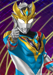  1boy abs absurdres alien arm_out_of_frame armor black_skin blue_skin breastplate color_timer colored_skin commentary compound_eyes crystal dorsal_fin english_commentary forehead_jewel glowing glowing_eyes gold_horns gold_skin gradient_background hand_up highres looking_at_viewer male_focus multicolored_skin neo_phantom no_pupils pectorals pixiv_username purple_background red_background red_skin reddit_username silver_skin solo tokusatsu two-tone_background ultra_series ultraman_decker ultraman_decker_(dynamic_type) ultraman_decker_(series) upper_body white_eyes wrinkled_skin 