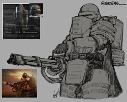  1boy ammunition_box armor artist_name backpack bag bulletproof_vest cape codpiece dated game_screenshot_inset gatling_gun ginseng_(xin) gloves greyscale helldiver_(helldivers) helldivers_(series) helmet minigun monochrome reference_inset shoulder_armor signature simple_background 