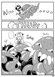  !? ... 1boy 1girl 1other black_jacket black_pants boots border breasts celes_chere dress english_text final_fantasy final_fantasy_vi furrowed_brow greyscale hair_between_eyes hair_ribbon headscarf highres jacket juliet_sleeves locke_cole long_hair long_sleeves medium_breasts monochrome monster official_alternate_costume open_mouth pants parted_bangs parted_lips puffy_sleeves restrained ribbon sash shaded_face sharp_teeth shikiwo short_hair spoken_ellipsis sweat teeth tentacles ultros waist_sash wavy_hair white_background white_boots white_border white_dress wrist_ribbon 