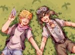  2boys aged_down aviator_cap battle_tendency blonde_hair brown_hair caesar_anthonio_zeppeli child facial_mark holding_hands jojo_no_kimyou_na_bouken joseph_joestar joseph_joestar_(young) laughing lying male_focus multiple_boys neckerchief on_back on_grass paper_airplane pink_neckerchief shorts suspender_shorts suspenders time_paradox vest zhoujo51 