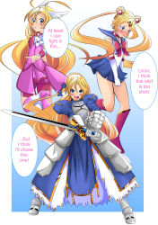  1girl absurdres armor armored_dress artoria_pendragon_(fate) ass bike_shorts bishoujo_senshi_sailor_moon blonde_hair blue_background blue_sailor_collar blush boots bow choker circlet commentary cosplay cure_happy cure_happy_(cosplay) double_bun dress earrings elbow_gloves embarrassed english_text excalibur_(fate/stay_night) facial_mark fate/stay_night fate_(series) frown gauntlets gloves greaves hair_bun high_heel_boots high_heels highres holding holding_sword holding_weapon jewelry juliet_sleeves knee_boots long_dress long_hair long_sleeves mikado_ryouma miniskirt open_mouth pink_boots pink_choker pink_shorts precure puffy_sleeves red_bow saber_(fate) saber_(fate)_(cosplay) sailor_collar sailor_moon sailor_moon_(cosplay) short_dress shorts shorts_under_dress skirt skirt_tug smile smile_precure! star_butterfly star_vs_the_forces_of_evil sword twintails v-shaped_eyebrows very_long_hair weapon white_gloves 