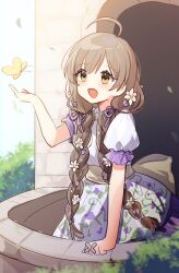  1girl ahoge balcony blue_dress blunt_bangs blurry blush braid brown_eyes brown_hair bug bush butterfly castle depth_of_field dress eyelashes falling_leaves floral_print flower frilled_sleeves frills hair_flower hair_ornament hair_ribbon hakozaki_serika hand_on_railing highres idolmaster idolmaster_million_live! idolmaster_million_live!_theater_days leaf light_blush long_hair low_twin_braids nnnn open_mouth outdoors puffy_short_sleeves puffy_sleeves purple_trim ribbon short_sleeves sky smile solo stone_wall twin_braids very_long_hair 