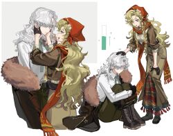  2girls :d arm_out_of_sleeve black_boots black_gloves blonde_hair blue_eyes boots brown_coat brown_gloves brown_jacket brown_skirt button_up_skirt coat comforting face-to-face full_body fur-trimmed_coat fur_trim gloves green_necktie green_pants hair_over_one_eye hand_on_another's_head hand_on_own_knee hands_on_another's_cheeks hands_on_another's_face headpat headscarf highres hugging_own_legs jacket knees_to_chest leaning_forward long_hair long_skirt looking_at_another multiple_girls multiple_views necktie pants red_headscarf red_scarf reverse:1999 scarf shirt sitting skirt smile sumi_1800 upper_body vila_(reverse:1999) violet_eyes white_background white_hair white_shirt windsong_(reverse:1999) 