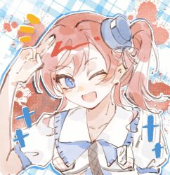  1girl arm_up blue_eyes hashtag-only_commentary highres love_live! love_live!_superstar!! moben notice_lines official_alternate_costume official_alternate_hairstyle one_eye_closed open_mouth open_the_gate!!!_(love_live!) paint_splatter ponytail red_hair smile solo upper_body yoneme_mei 