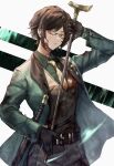  1girl black_gloves blood blood_on_clothes brown_hair devilgoodbaby eyewear_on_head gloves green_jacket highres holding holding_sword holding_weapon jacket limbus_company looking_at_viewer open_mouth outis_(limbus_company) project_moon short_hair simple_background solo sword weapon 