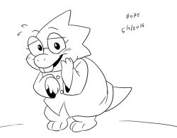 1girl 2015 2d alphys anthro barefoot buck_teeth coat coffgirl commentary dated digital_media dinosaur dinosaur_girl english_commentary female female_only flying_sweatdrops full_body glasses hand_on_own_cheek lab_coat lineart lizard lizard_girl lizard_tail looking_at_viewer monochrome monster monster_girl reptile reptile_girl reptile_tail scalie simple_background solo standing tail teeth text undertale utdr_(toby_fox) white_background