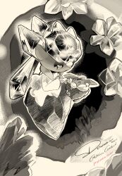  1girl absurdres animal_ears artist_name carbink character_name closed_mouth commentary_request diancie english_commentary english_text eye_contact full_body gem geode greyscale hand_up happy highres long_hair looking_at_another looking_down mixed-language_commentary monochrome outline pokemon pokemon_(creature) rock signature smile twintails yueryu_(taroyuer2) 