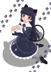  animal_ears ascot black_hair black_jacket black_shoes black_skirt bow cat_ears cat_tail collar cross flower frilled_collar frilled_skirt frills gokou_ruri gothic_lolita grey_pantyhose hime_cut jacket kneeling latin_cross lolita_fashion mary_janes mole mole_under_eye open_mouth ore_no_imouto_ga_konna_ni_kawaii_wake_ga_nai pantyhose paw_pose paw_print red_eyes rose shoes skirt smile tail warudarake white_ascot white_background 