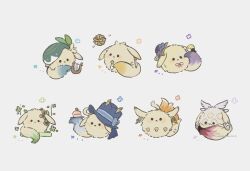  animal_ears animalization blue_hat blush boilmame columbina_(genshin_impact) commentary dodoco_(genshin_impact) earrings furina_(genshin_impact) genshin_impact green_hat grey_background hat instrument jewelry lyre mask mavuika_(genshin_impact) nahida_(genshin_impact) no_humans purple_hat raiden_shogun simple_background solid_circle_eyes symbol-only_commentary tail twitter_username venti_(genshin_impact) zhongli_(genshin_impact) 