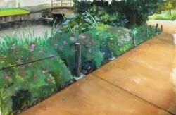  blue_flower bridge bush flower grass harusa1107 highres no_humans original path plant purple_flower rope_fence tree water wooden_bridge 