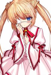  1girl blonde_hair blue_eyes blush bow clenched_hands commentary cowboy_shot crown dress eyelashes eyepatch frilled_dress frilled_sleeves frills gensou_roukaku hair_between_eyes hands_up highres juliet_sleeves kazamatsuri_institute_high_school_uniform long_hair long_sleeves looking_at_viewer medical_eyepatch mini_crown nakatsu_shizuru neck_ribbon one_eye_covered pink_dress puffy_sleeves red_bow red_ribbon rewrite ribbon school_uniform sidelocks simple_background sleeve_bow solo straight_hair symbol-only_commentary twintails very_long_hair white_background wide_sleeves 