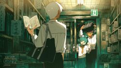  1girl 2girls ahoge ahoge_girl_(jimini_shijimi) aqua_eyes aqua_hair aqua_sailor_collar aqua_skirt arm_at_side bag bag_over_head black_hair black_pants book bookshelf collared_shirt glass_door hand_up hands_up highres holding holding_bag holding_book indoors jimini_shijimi library multiple_girls neckerchief no_humans open_book open_mouth orange_neckerchief original pants pile_of_books pleated_skirt sailor_collar school_bag school_uniform serafuku shirt short_hair short_sleeves shoulder_bag skirt slice_of_life sliding_doors standing very_short_hair waving white-haired_man_(jimini_shijimi) white_shirt wing_collar 