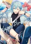  1boy aiue_o_eiua black_footwear black_pants black_shirt blue_eyes blue_hair food hair_ornament hairpin happy_birthday highres holding holding_spoon idolish7 jacket light_blue_hair looking_at_viewer male_focus one_eye_closed pants pudding shirt short_hair sleeveless sleeveless_shirt smile solo spoon tongue tongue_out watch watch white_jacket yotsuba_tamaki 