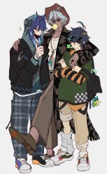  3boys ajaw_(genshin_impact) alternate_costume animal_ears antenna_hair arm_around_neck bag bat_ears black_hair blowing_bubble_gum blue_eyes blue_hair brown_hat casual chewing_gum closed_mouth coat crossed_arms dark-skinned_male dark_skin earrings eyewear_on_head full_body genshin_impact green_eyes green_hair grey_hair hair_between_eyes hand_on_another's_shoulder hand_tattoo hand_up hat height_difference heterochromia highres hood hood_up hoodie ifa_(genshin_impact) jacket jewelry kinich_(genshin_impact) layered_sleeves legs_apart light_smile long_hair long_sleeves looking_at_viewer looking_over_eyewear male_focus mask mask_pull mouth_mask multicolored_hair multiple_boys neck_tattoo necklace open_clothes open_coat orange_hair ororon_(genshin_impact) pants pants_rolled_up penzi_(mok_pen) pince-nez red_eyes ring round_eyewear shirt shoes short_hair short_over_long_sleeves short_sleeves sidelocks simple_background sneakers spetsnaz standing standing_on_one_leg stud_earrings sunglasses tattoo thumbs_up two-tone_hair 
