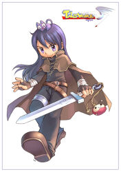  1boy animal_on_head artist_name belt belt_buckle black_border black_cat black_eyes black_fur black_hair black_pants black_shirt black_sleeves border boris_jinneman brown_belt brown_cape brown_gloves brown_shoes buckle cape cat cat_on_head character_charm charm_(object) closed_mouth collared_capelet colored_sclera commentary_request copyright_name cross-laced_capelet cross-laced_clothes crossed_belts english_text fingerless_gloves full_body gloves hair_between_eyes high_collar holding holding_sword holding_weapon korean_commentary left-handed logo long_hair looking_at_viewer male_focus minae nexon official_art on_head open_mouth pants shirt shoes signature silver_legwear simple_background single_sidelock slit_pupils smile solo_focus straight_hair sword sword_knot tales_weaver tassel third-party_source three-quarter_sleeves tiv turtleneck turtleneck_shirt tutu_(tales_weaver) violet_eyes weapon white_background yellow_sclera 