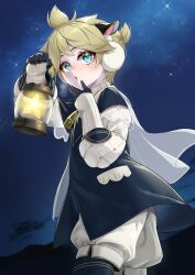 1boy :o animal_ears aqua_eyes bell black_jacket blonde_hair c_take0141 cow_ears cowbell earmuffs highres jacket kagamine_len lantern looking_at_viewer male_focus night night_sky outdoors puffy_shorts shorts sky solo sweater vocaloid white_shorts white_sweater 