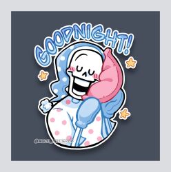 1boy 2025 2d artist_name blue_background blue_hat blue_mittens border closed_eyes cropped_torso digital_media grey_border hat highres holding holding_pillow humanoid male male_focus male_only mittens monster monster_boy multi_milliepop nightcap open_mouth outline pajamas papyrus_(undertale) pillow polka_dot polka_dot_pajamas simple_background skeleton sleeping solo sticker_(medium) teeth two-tone_background two-tone_pajamas undead undertale utdr_(toby_fox) white_outline white_pajamas