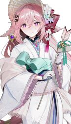  1girl absurdres alternate_costume animal_ears arrow_(projectile) bonnet closed_mouth ema floppy_ears fox_ears genshin_impact gloves hamaya highres holding japanese_clothes kawachi_rin kimono long_hair looking_at_viewer obi pink_hair sash simple_background smile solo very_long_hair violet_eyes white_background white_bonnet white_gloves white_kimono yae_miko 