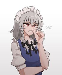  absurdres angry biting blue_dress braid dress finger_biting grey_hair highres izayoi_sakuya maid maid_headdress mata_(matasoup) puffy_short_sleeves puffy_sleeves red_eyes short_sleeves touhou twin_braids v-shaped_eyebrows 