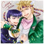  2boys battle_tendency black_hair blonde_hair blue_eyes caesar_anthonio_zeppeli clenched_hand diamond_wa_kudakenai diffraction_spikes facial_mark feather_hair_ornament feathers fingerless_gloves gakuran glint gloves green_eyes green_jacket hair_ornament headband higashikata_josuke highres jacket jojo_no_kimyou_na_bouken light_particles male_focus mikan03260 multiple_boys pink_scarf pompadour purple_hair scarf school_uniform sparkle time_paradox triangle_print 