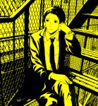  1boy adachi_tooru black_eyes black_hair black_necktie black_suit closed_mouth collared_shirt crossed_legs feet_out_of_frame formal hand_on_own_knee head_rest looking_away necktie persona persona_4 resekai12 shirt short_hair signature sitting sitting_on_stairs stairs suit watch watch white_shirt yellow_theme 