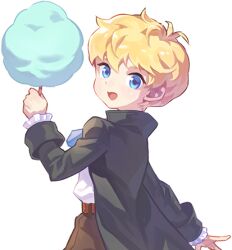  1boy alpha_transparency antenna_hair artist_request ascot belt belted_shorts black_coat black_sleeves blonde_hair blue_ascot blue_eyes brown_belt brown_shorts coat cotton_candy cowboy_shot dress food high_collar holding holding_cotton_candy holding_food light_blush long_sleeves looking_at_viewer lowres male_focus nexon nocturne_de_vien official_art open_clothes open_coat open_mouth second-party_source shirt shirt_tucked_in short_dress short_hair shorts simple_background tales_weaver tongue transparent_background white_shirt 