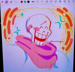 1boy 2022 2d ^_^ armor art_program_in_frame artist_name cape closed_eyes cropped_shoulders digital_media havockingboo humanoid male male_focus male_only monster monster_boy papyrus_(undertale) photo_(medium) red_cape simple_background skeleton sketch smile solo sparkle teeth undead undertale utdr_(toby_fox) white_armor white_background