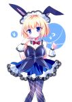  1girl absurdres alice_margatroid animal_ears blonde_hair blue_dress blue_eyes blush chisen_maimai dress highres playboy_bunny rabbit rabbit_ears red_ribbon ribbon short_hair solo touhou white_background 