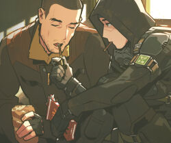  2boys black_gloves black_jacket black_pants brown_hair brown_jacket buzz_cut chinese_commentary closed_eyes commentary_request feeding food food_in_mouth fukurau gloves holding holding_food holding_pocky hood hood_up hooded_jacket indoors jacket looking_at_another male_focus multiple_boys open_mouth pants pocky pocky_in_mouth shell_casing short_hair skif_(stalker_2) stalker_(game) stalker_2:_heart_of_chornobyl strider_(stalker) upper_body very_short_hair window 