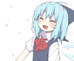  1girl ahoge blue_hair blue_vest blush bow cherry_blossoms cirno closed_mouth commentary_request detached_wings fang hair_bow ice ice_wings kae_karee medium_hair open_mouth petals pink_background short_sleeves simple_background skin_fang smile solo touhou upper_body vest wings 