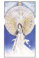  1990s_(style) 2girls aa_megami-sama absurdres angel angel_wings art_nouveau belldandy black_hair blonde_hair brown_eyes dress facial_mark feathered_wings finger_to_mouth forehead_mark fujishima_kousuke highres long_hair mechanical_wings multiple_girls non-web_source official_art one_eye_closed red_eyes retro_artstyle scan self-scan sitting skuld_(aa_megami-sama) sky urd_(aa_megami-sama) wheel wings 