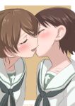  2girls artist_name blush brown_background brown_hair closed_eyes coffeenougat_1985 collarbone girls_und_panzer highres imminent_kiss isobe_noriko kawanishi_shinobu multiple_girls nuzzle ooarai_school_uniform sailor_collar school_uniform short_hair simple_background sketch smile two-tone_background upper_body white_background white_sailor_collar yuri 