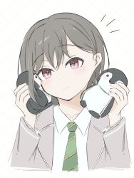  1girl bang_dream! bang_dream!_it's_mygo!!!!! commentary diagonal-striped_clothes diagonal-striped_necktie green_necktie grey_hair grey_jacket hands_up haneoka_school_uniform highres jacket melty_lubll necktie pink_eyes school_uniform shirt short_hair solo striped_clothes stuffed_animal stuffed_penguin stuffed_toy symbol-only_commentary takamatsu_tomori upper_body white_background white_shirt 